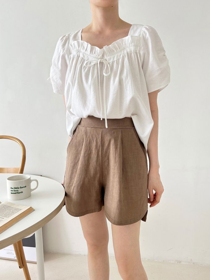 韓國女裝連線 - 波浪方領棉麻短袖上衣-白 (FREE)