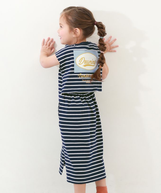 日本 devirock - 背後開口條紋休閒短袖洋裝-白黑x橘