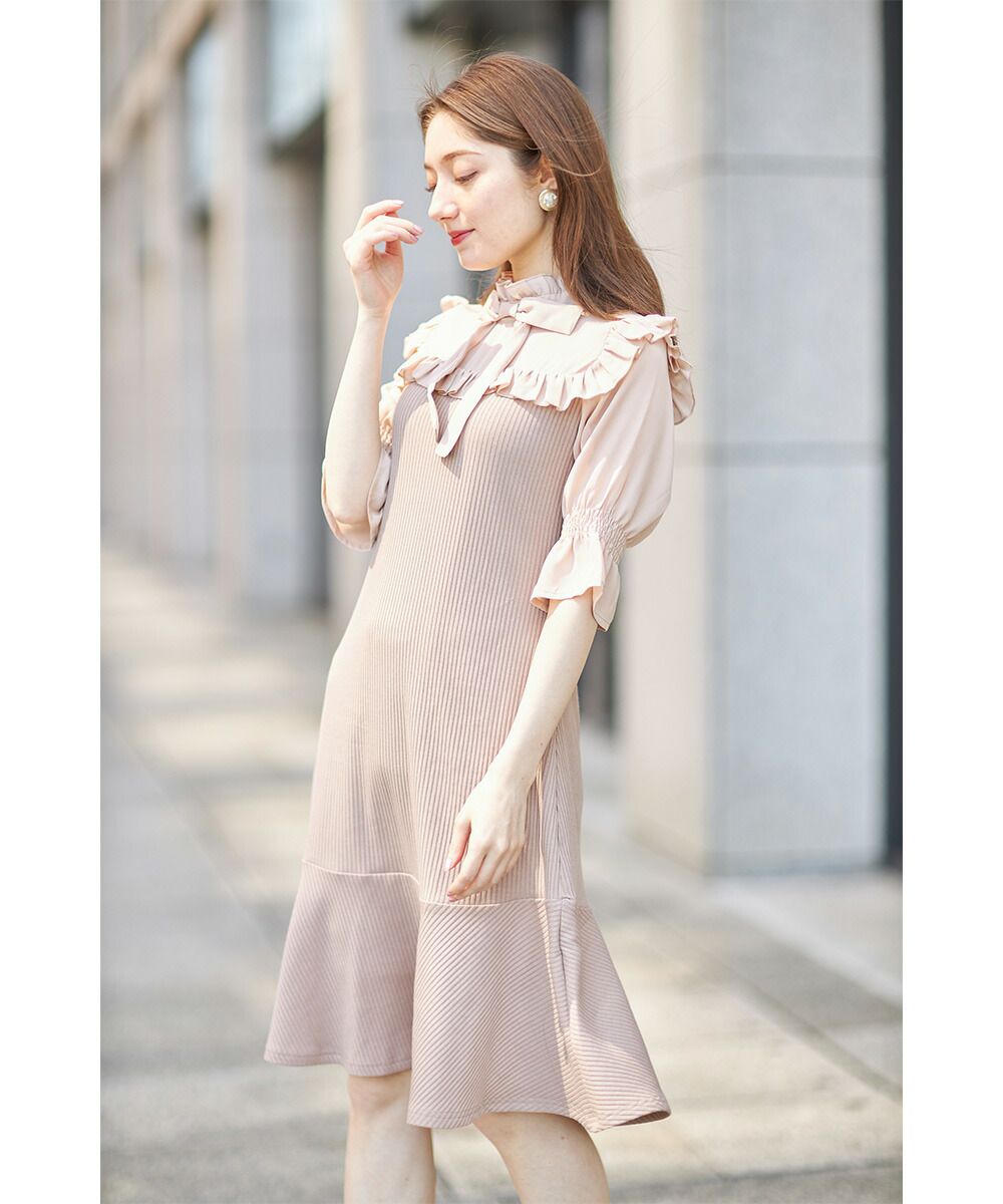 日本 tocco-closet - 夢幻荷葉邊扭結小洋裝-星塵粉