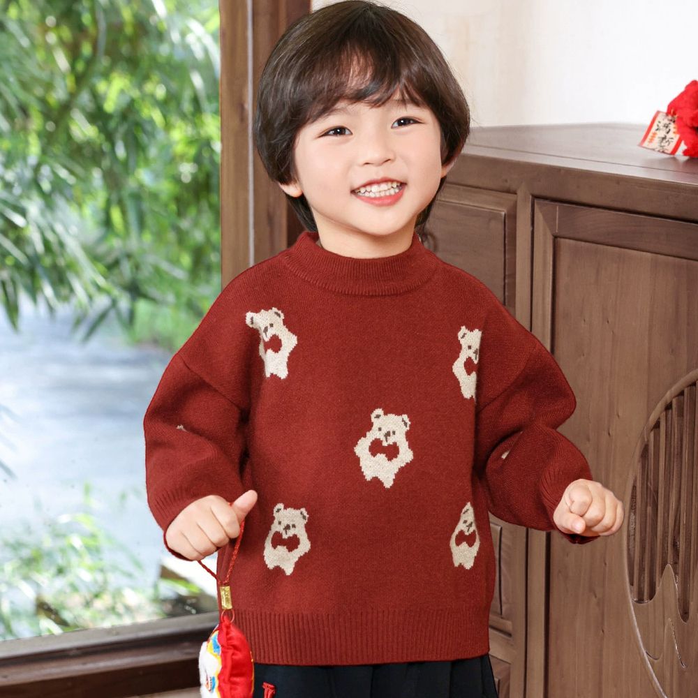 加厚保暖針織長袖上衣-領結小熊-紅色