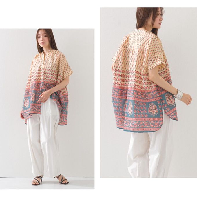 日本 OMNES - 100%印度棉 夏日印花休閒長版襯衫-象牙粉圖騰