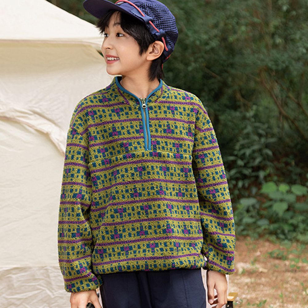 保暖搖粒絨半開襟長袖上衣-復古緹花-綠色