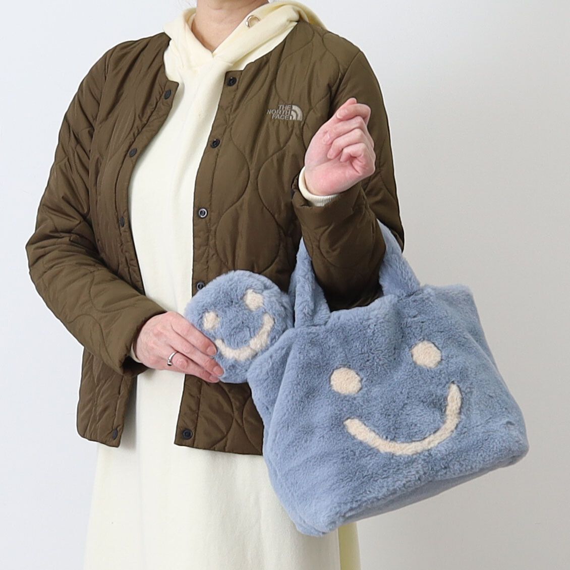 日本 COOCO - SMILEY聯名款 毛絨手提包/托特包(附小包)-芥黃 (W25*H23*D15cm)