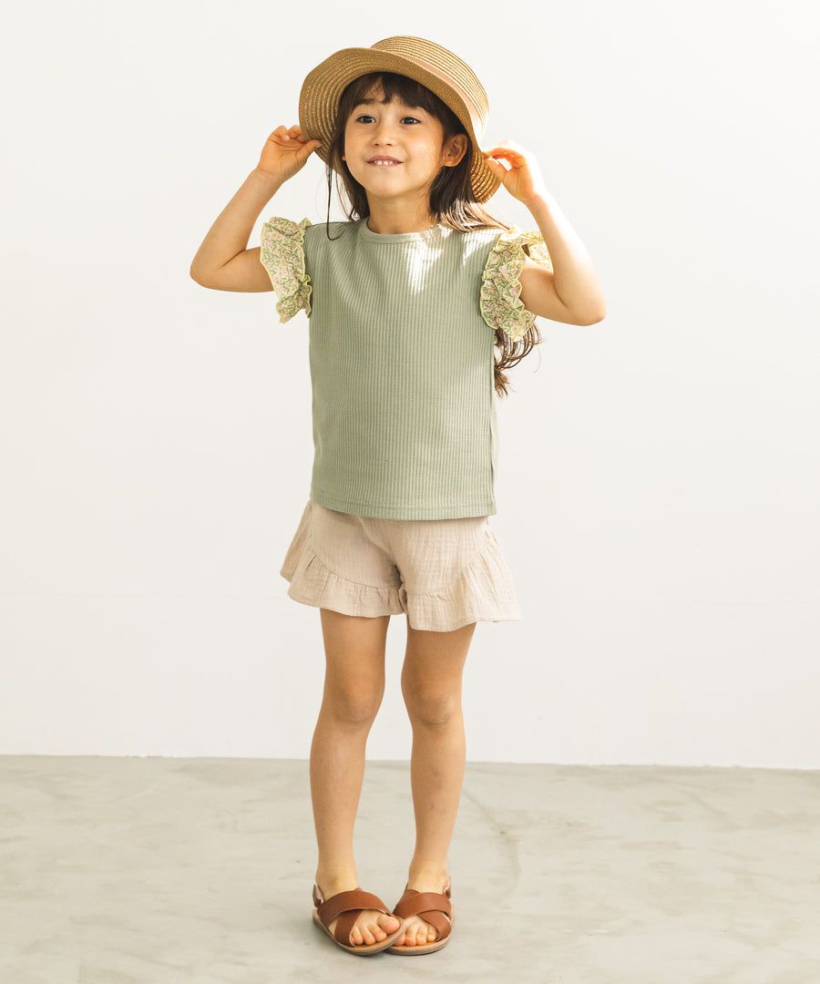 日本 PAIRMANON - 荷葉衣袖拼接鬆餅紋短T-點點-灰杏X白底點