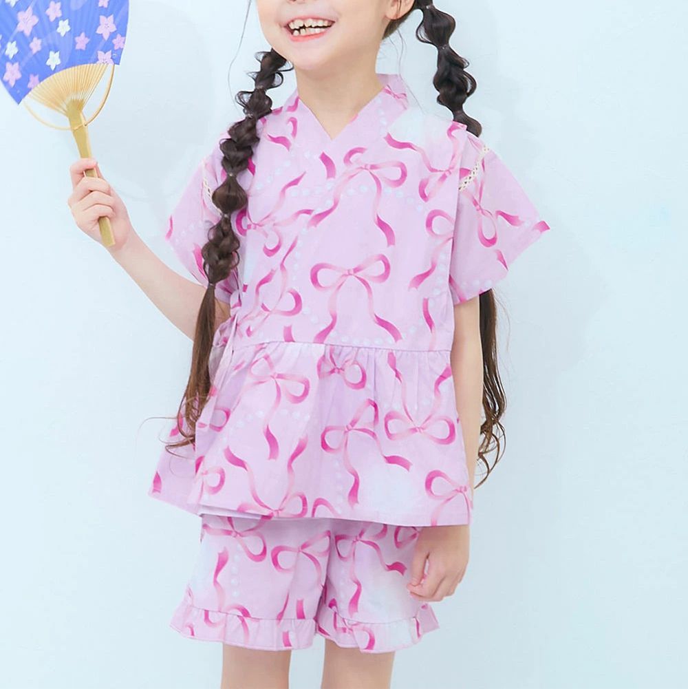 100%棉 可愛荷葉甚平套裝-漸層蝴蝶結-粉紅