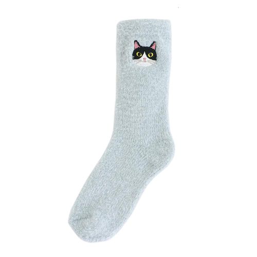 日本 TOMO - 可愛動物刺繡毛絨保暖襪-賓士貓-水藍