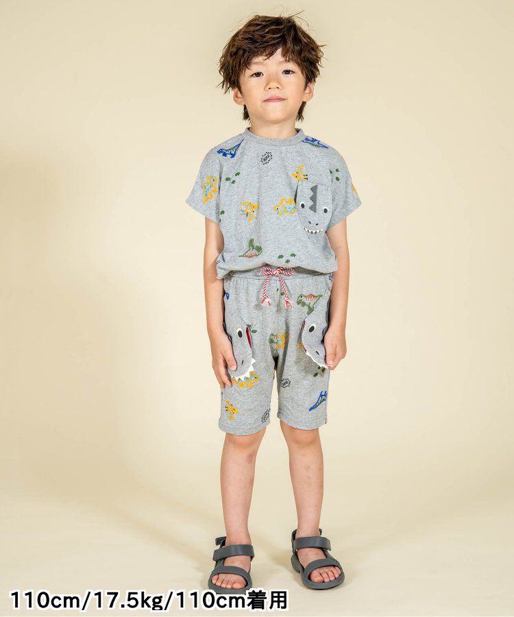 日本 BIT'Z - 彩色刺繡滿版恐龍短袖上衣-灰