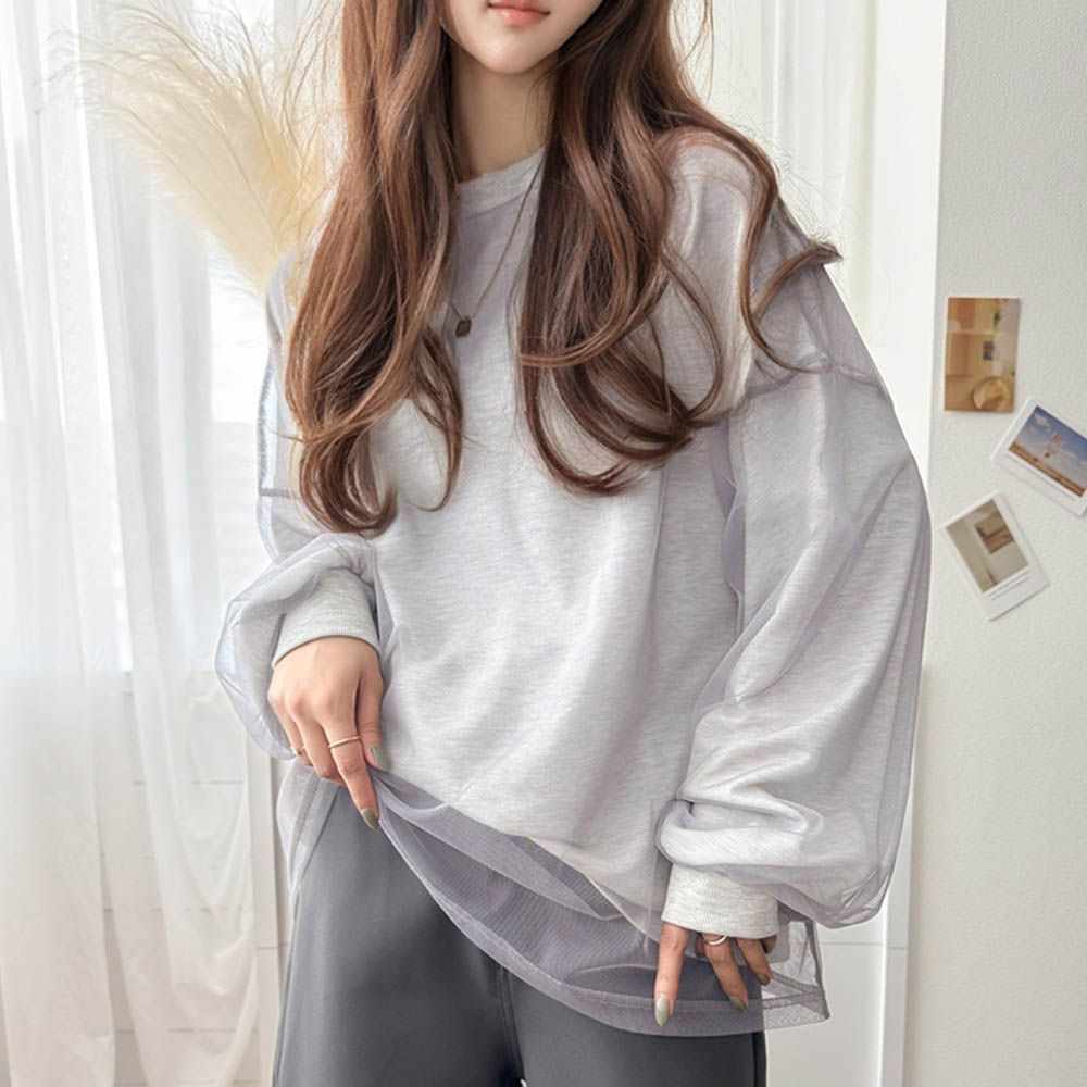 Java 透膚薄紗層次長袖上衣-背後標籤印花-燕麥灰