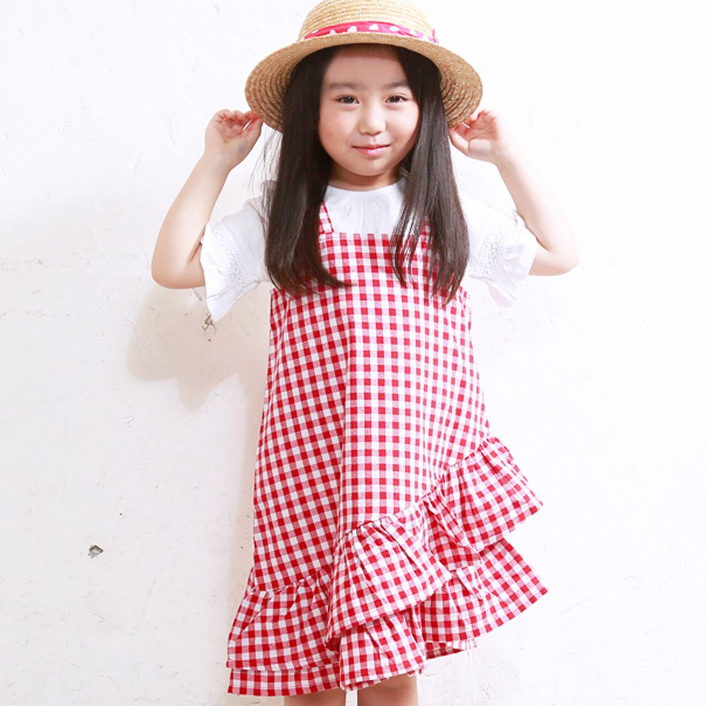 日本 TORIDORY - 格紋不規則蛋糕裙擺背心洋裝-紅