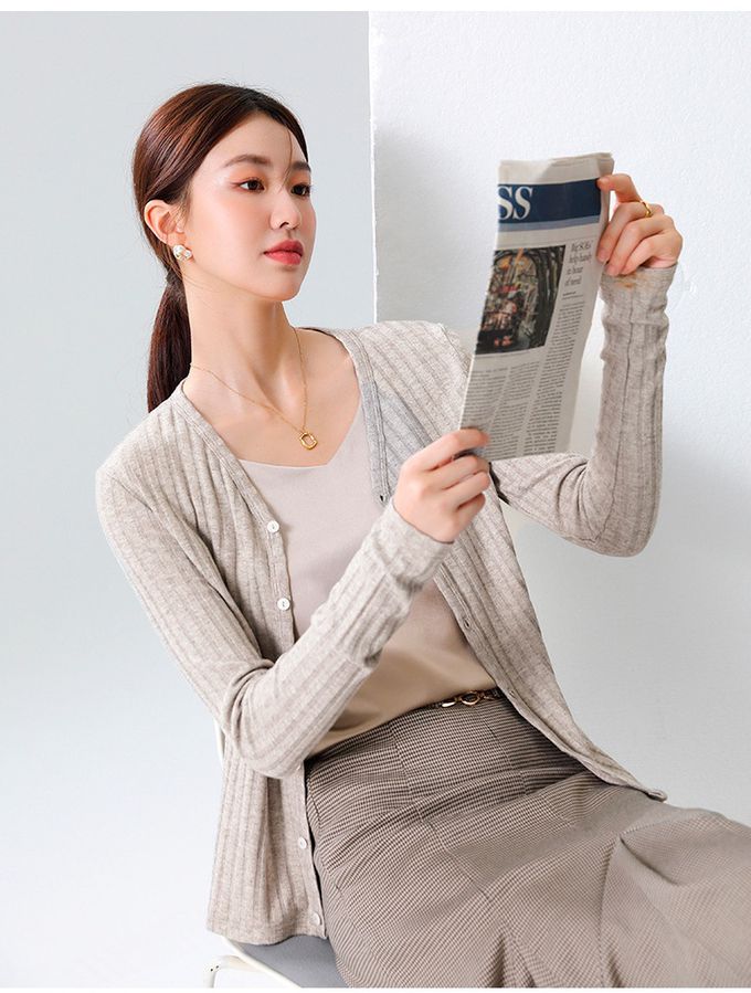 V領坑條紋針織開衫外套/上衣-粉色