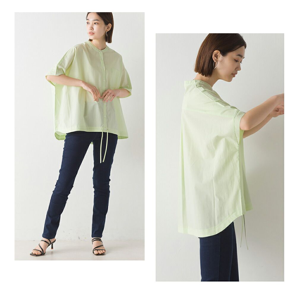 日本 OMNES - 下擺抽繩落肩短袖襯衫-簡約白