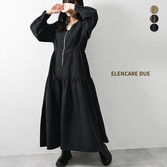 日本 ELENCARE DUE - V領拉鏈桃皮絨優美長袖洋裝-米杏