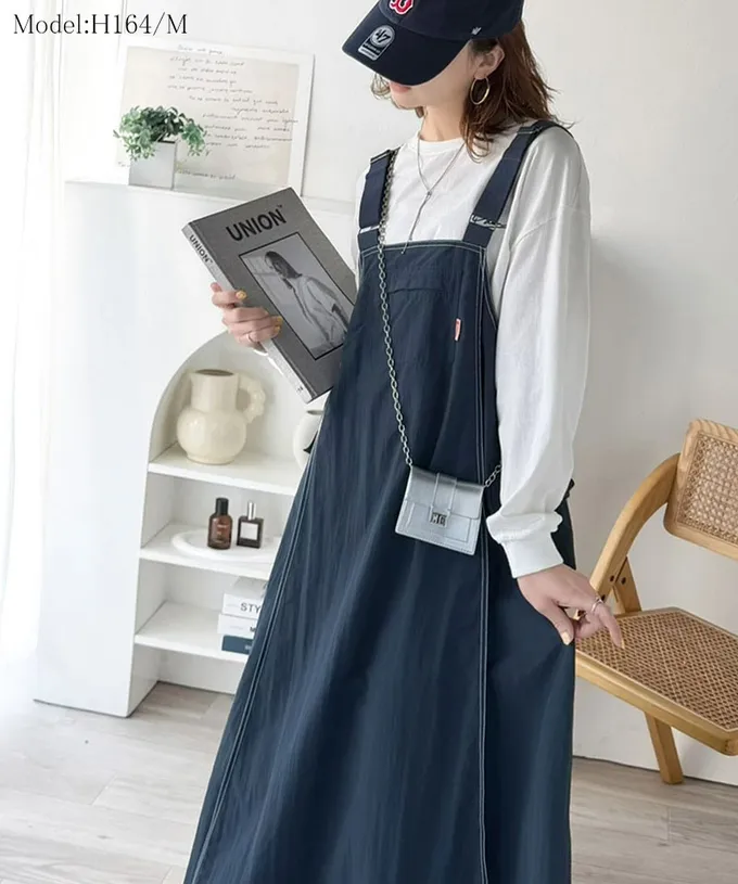 日本 Classical Elf - Java 工裝風舒適傘擺尼龍吊帶裙-卡其