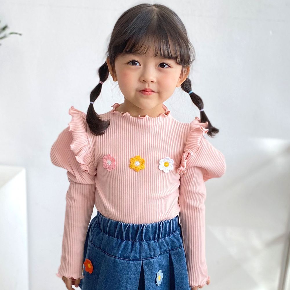 韓國 Coco rabbit - 荷葉裝飾立體花朵泡泡袖上衣-粉紅