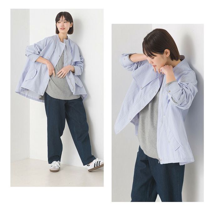 日本 OMNES - 潑水加工 輕量尼龍抽繩造型圓領外套-水藍