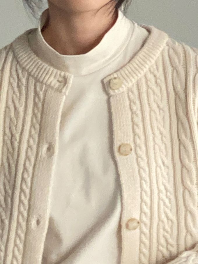 韓國女裝連線 - 麻花捲鈕扣無領針織外套-奶油米 (FREE)