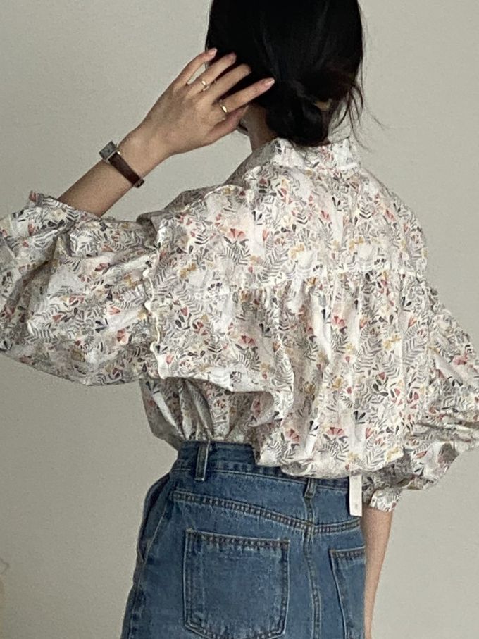 韓國女裝連線 - 花草圖樣翻領拼接長袖襯衫-象牙白 (FREE)