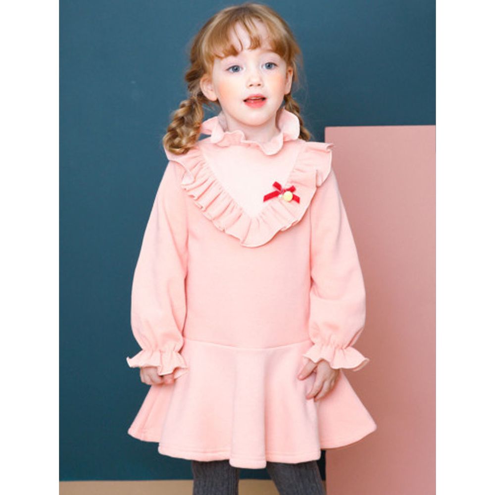 韓國 Jelispoon - (內刷毛)荷葉V領傘狀洋裝-粉紅