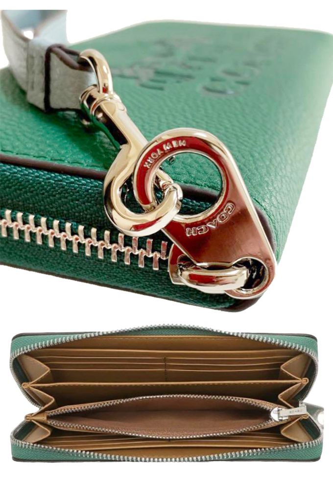COACH - 素面荔枝紋皮革拉鍊長夾 (綠)