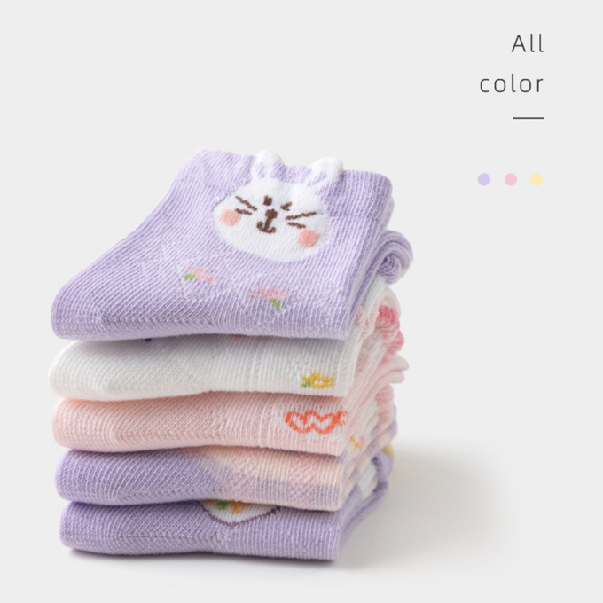 love, charlotte - 泡泡花邊花園小兔紫色網眼短筒棉襪-5 雙一組