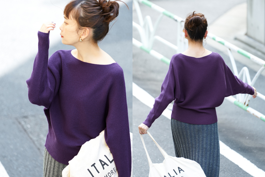 日本 COCA - 顯瘦船型領針織長袖上衣-深藍