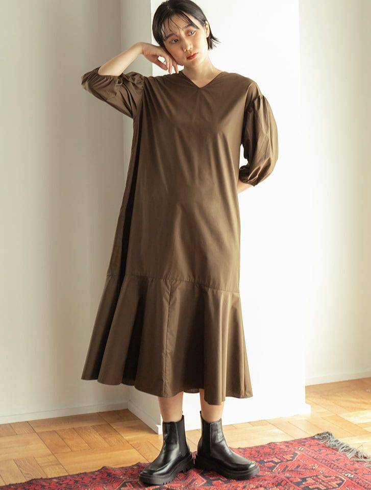 日本 fifth - V領五分袖魚尾長洋裝-摩卡
