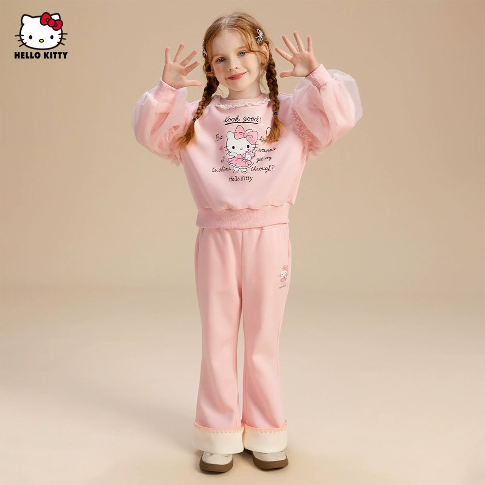 花邊領網紗長袖上衣+長褲套裝-卡通人物Hello Kitty-粉色