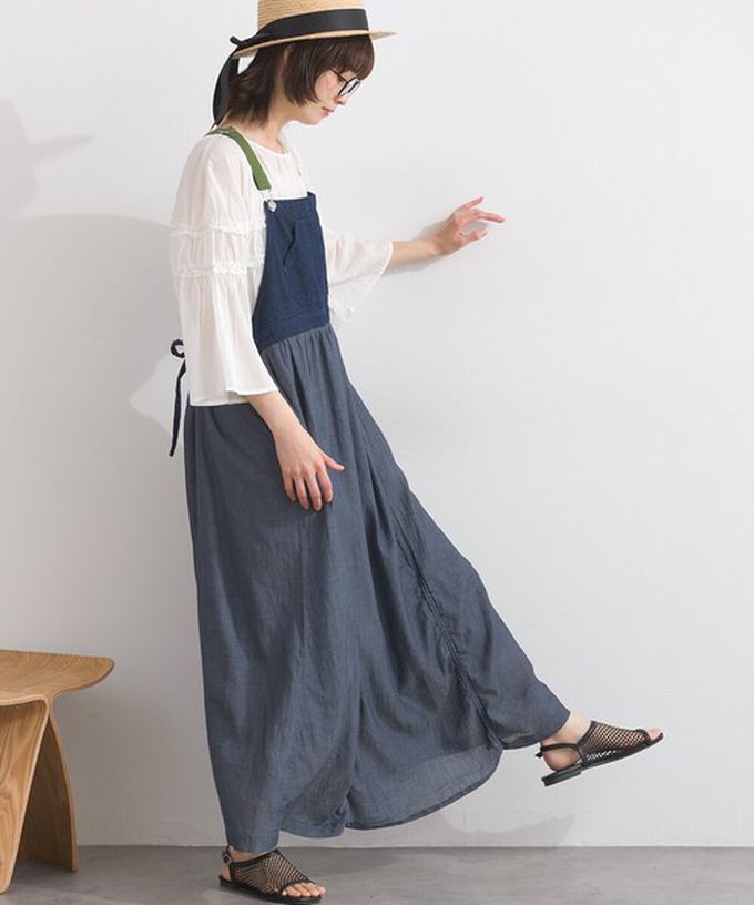 日本 Lupilien - 拼接風抽繩飄逸薄牛仔吊帶洋裝-靛藍