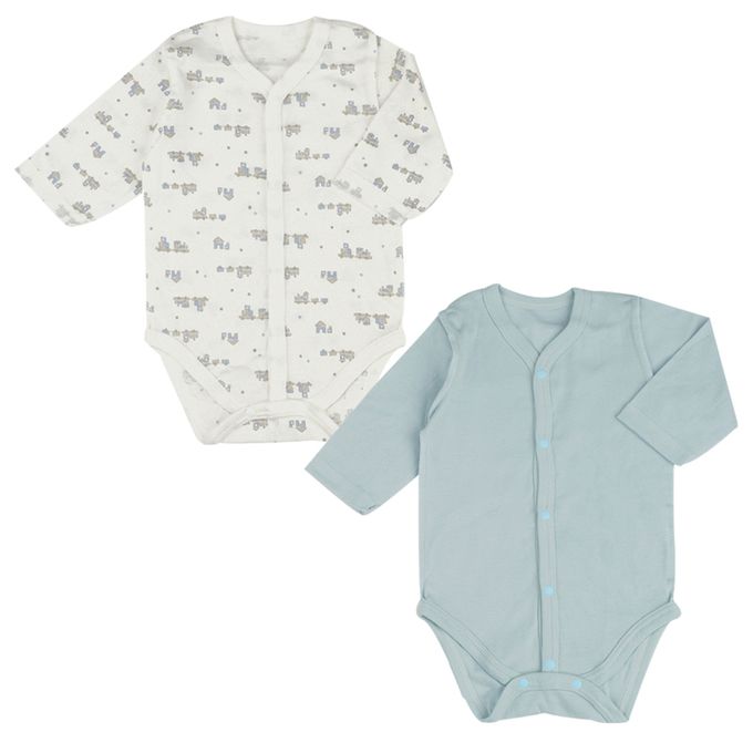 akachan honpo - 長袖前開式速乾包屁衣-2件組 玩具列車-藍色