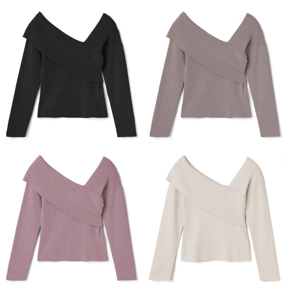 日本 GRL - 不對稱斜開一字領露肩針織長袖上衣-粉