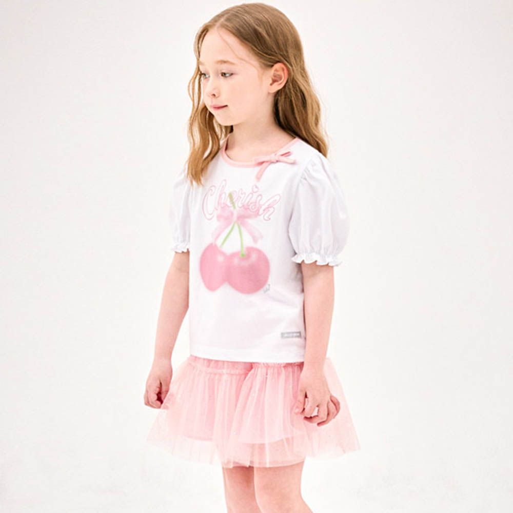 甜心櫻桃短袖上衣X亮片紗裙套裝-白X粉