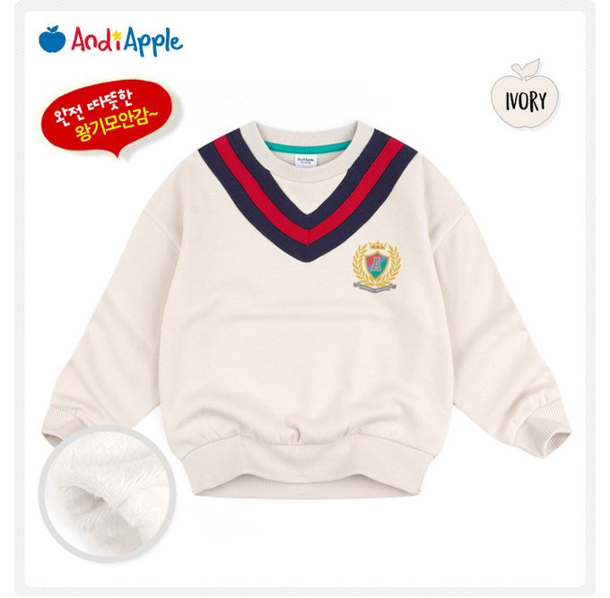 韓國 AndiApple - 學院盾牌V撞色內刷毛大學T-深藍
