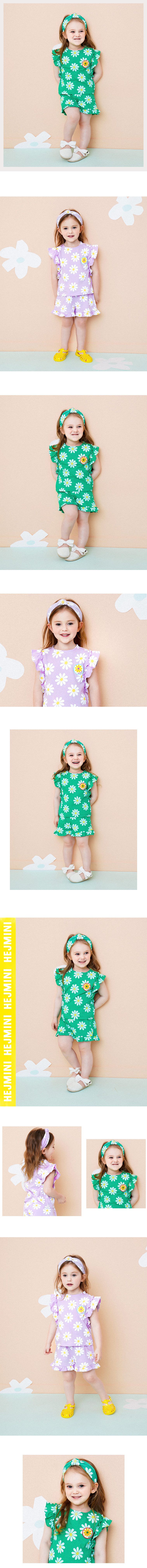 韓國 HEJMINI - 荷葉袖滿版雛菊套裝-紫