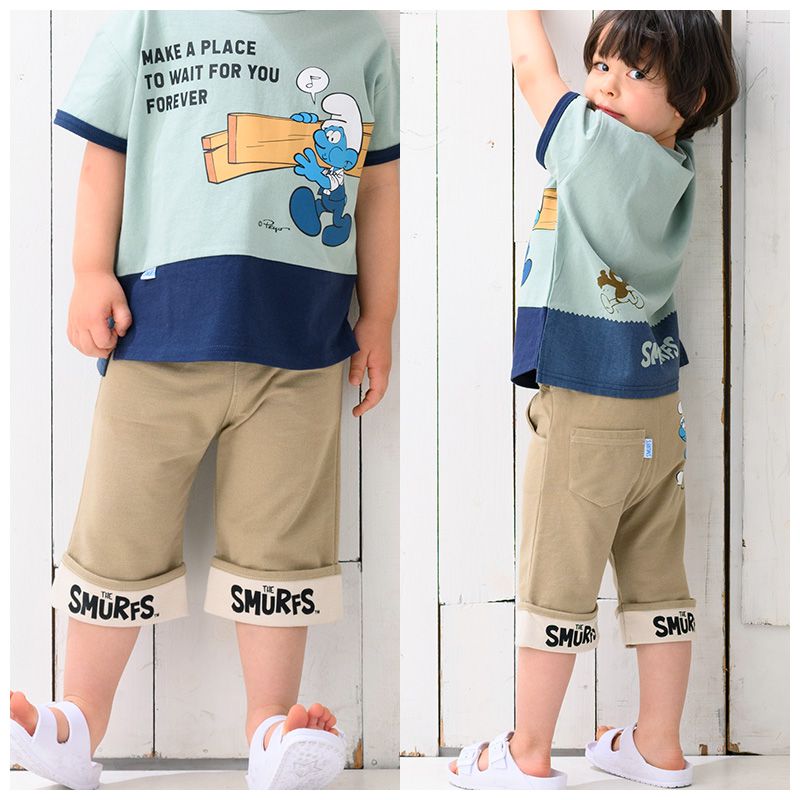 日本 ZOOLAND - 藍色小精靈聯名純棉短褲-褲管上翻-深藍