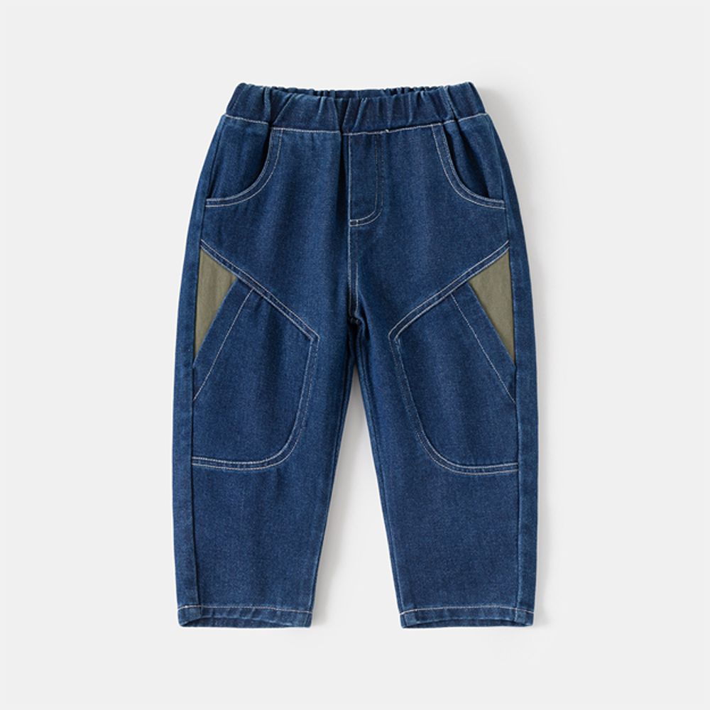 腰鬆緊休閒牛仔長褲-造型拼色-藍色