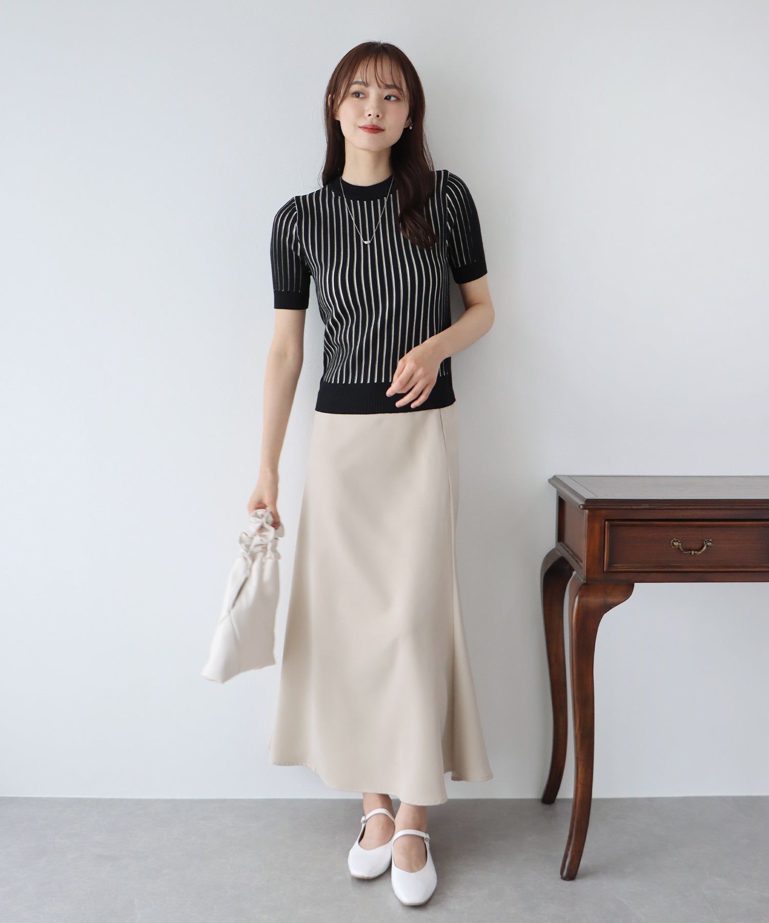 日本 BLUE EAST - 彈性寬羅紋薄針織短袖上衣-淺粉x白