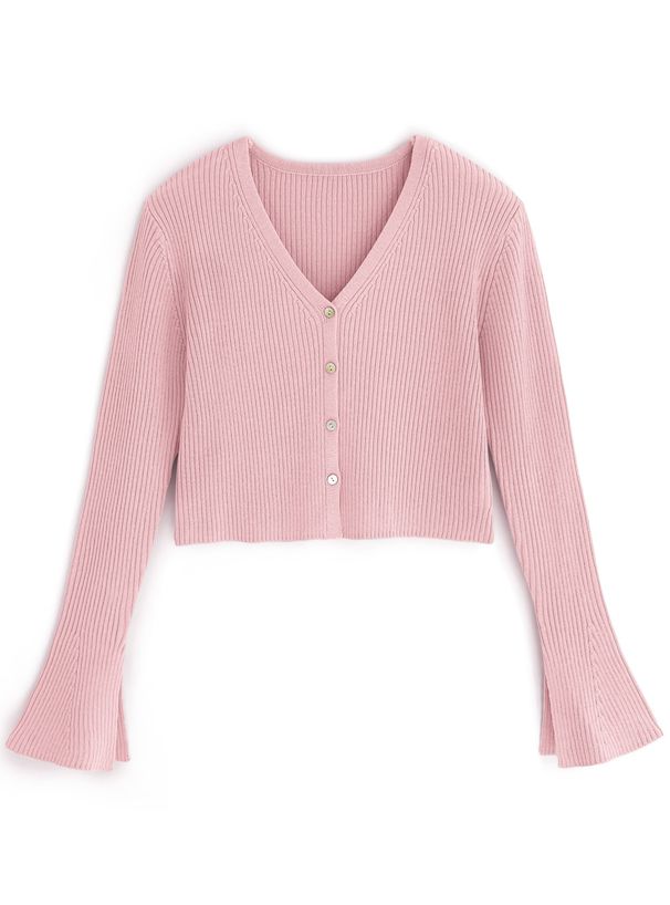 日本 GRL - 早春款V領花朵袖羅紋上衣/薄外套-天使白