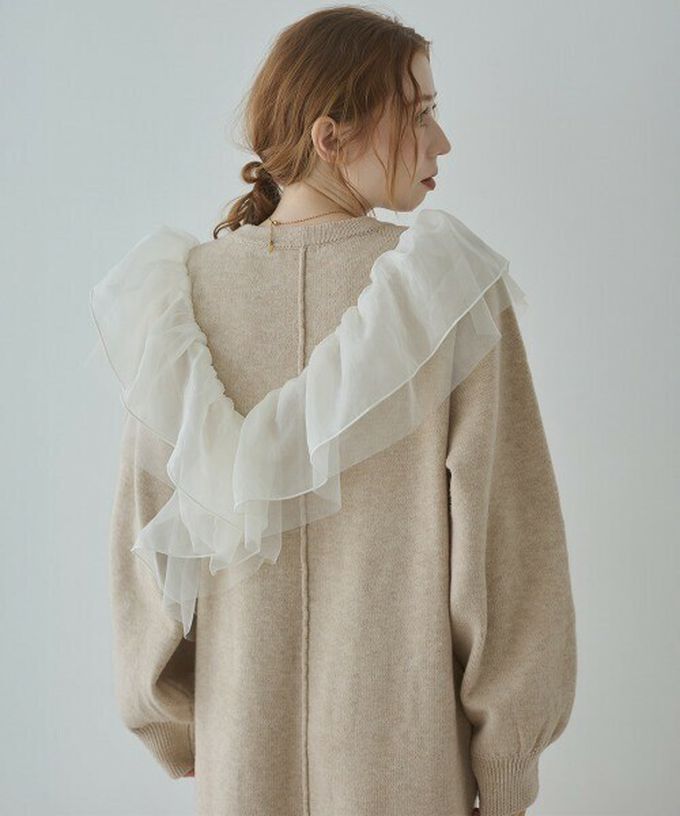 日本 Bab - 交叉薄紗荷葉柔美針織長袖洋裝-咖啡