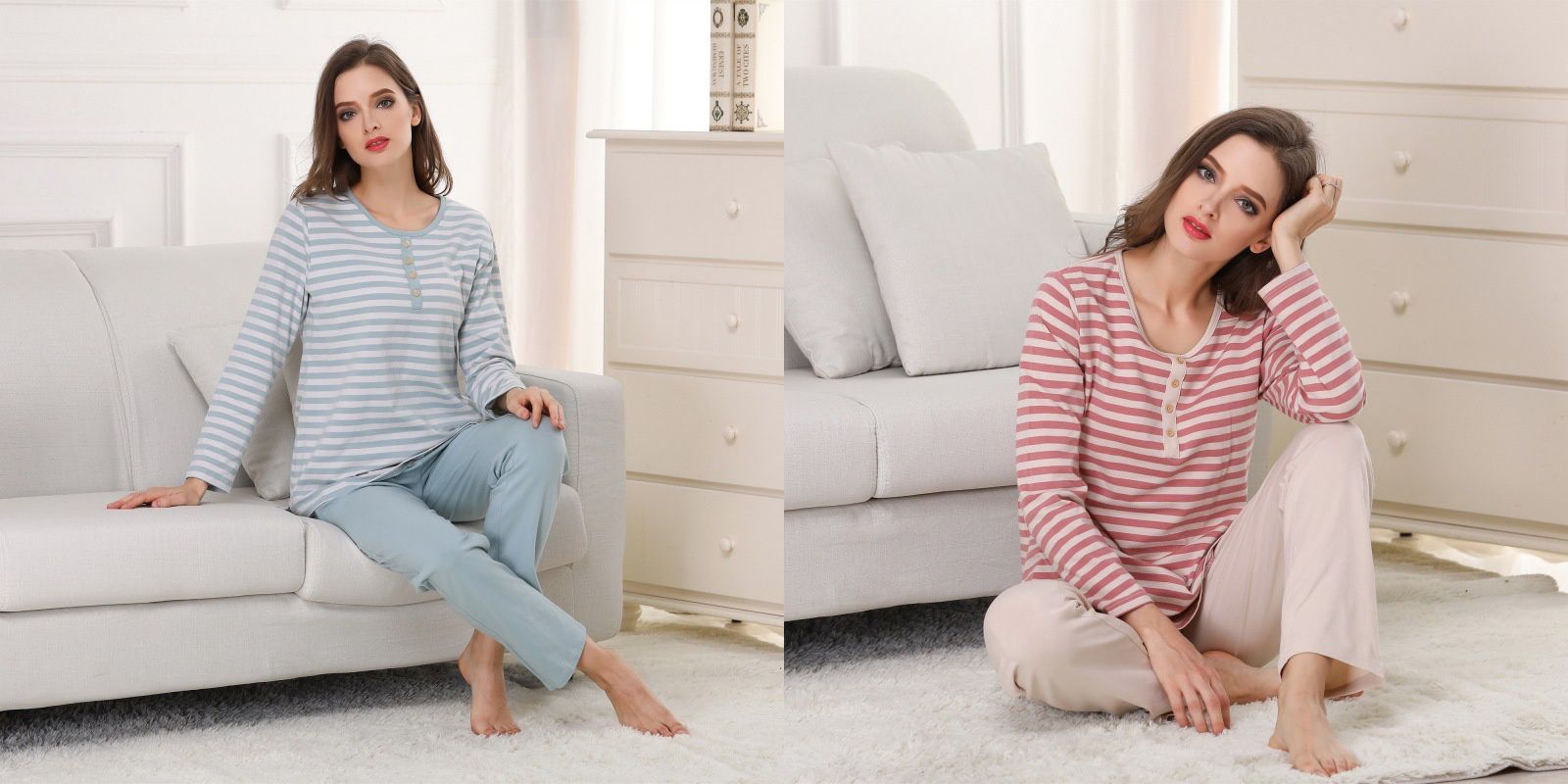 棉質柔軟Bra T-長袖套裝-綠白條紋（紐扣）