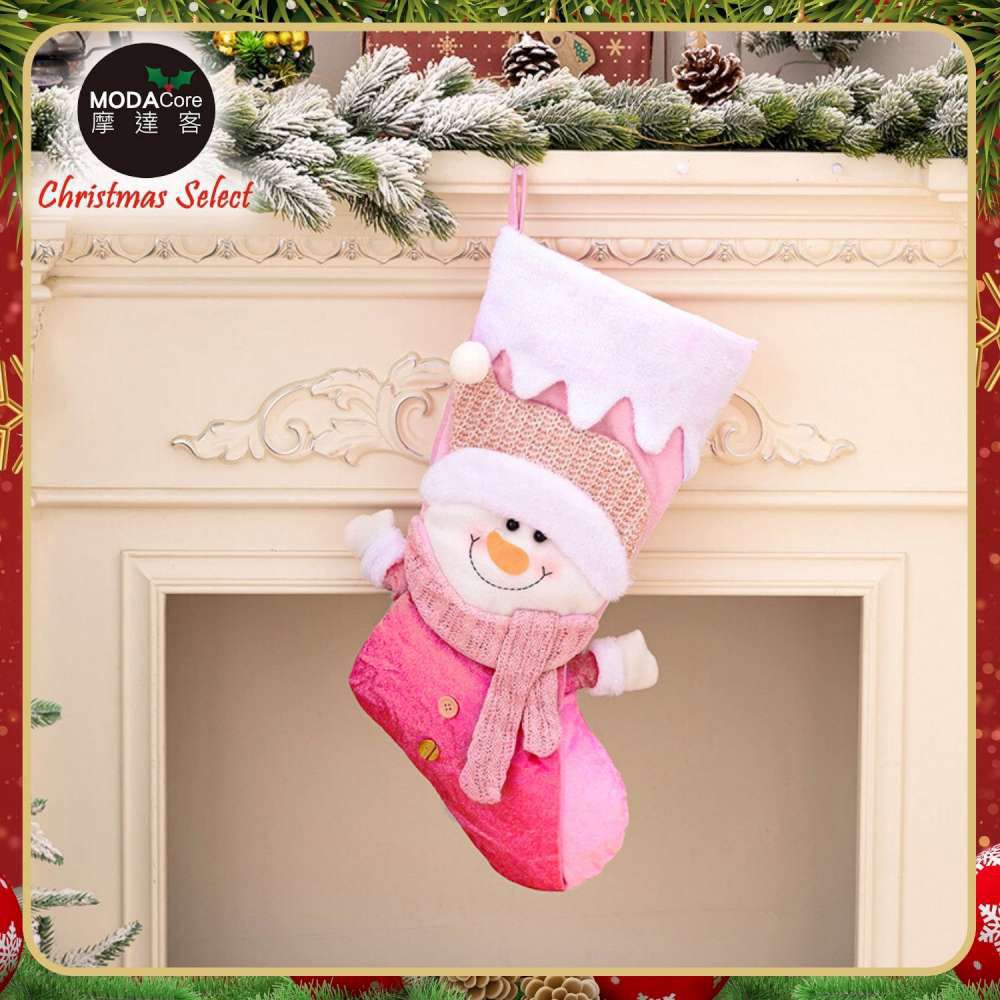 耶誕-夢幻聖誕雪人絨布粉紅聖誕襪