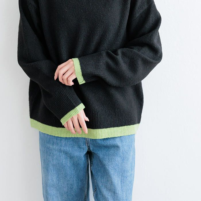 日本 ihuu - 下擺撞色立領針織毛衣-芥黃x杏