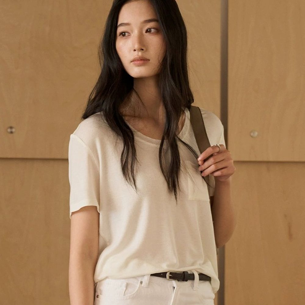 雲感天絲混亞麻口袋U領短袖上衣-奶白