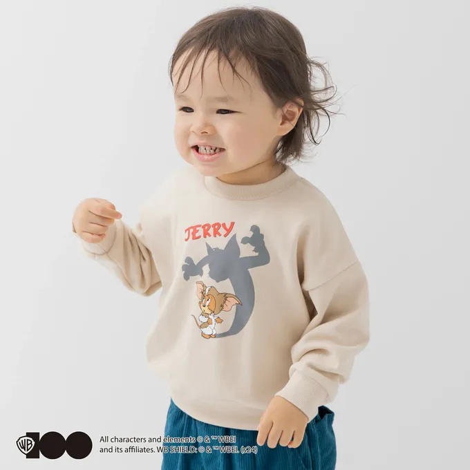 日本 Chil2 - 限定聯名 縮口印花長袖上衣-TOM&JERRY-黑影-奶油杏