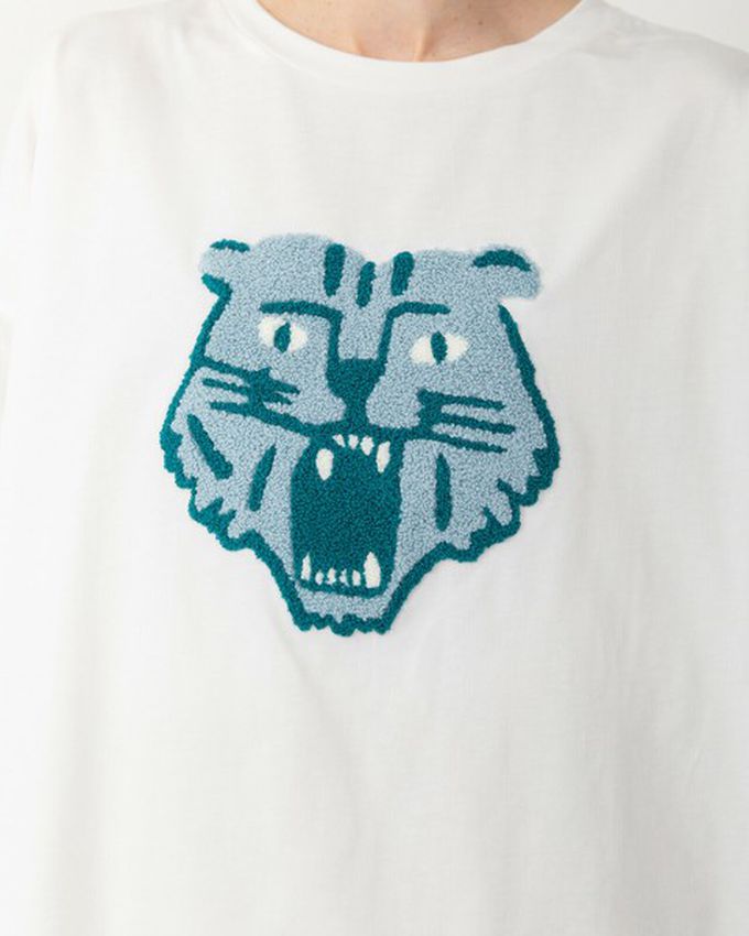 日本 gleam - 逗趣老虎相良刺繡寬大風短袖T恤-橘老虎-燕麥灰