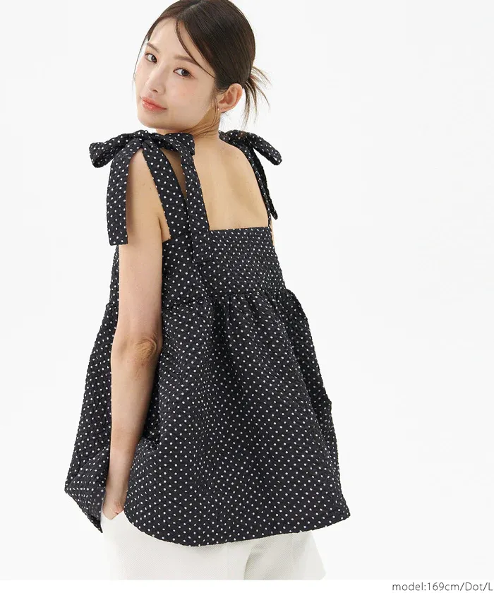 日本 COCA - 浪漫紐結平口無袖上衣-點點-黑