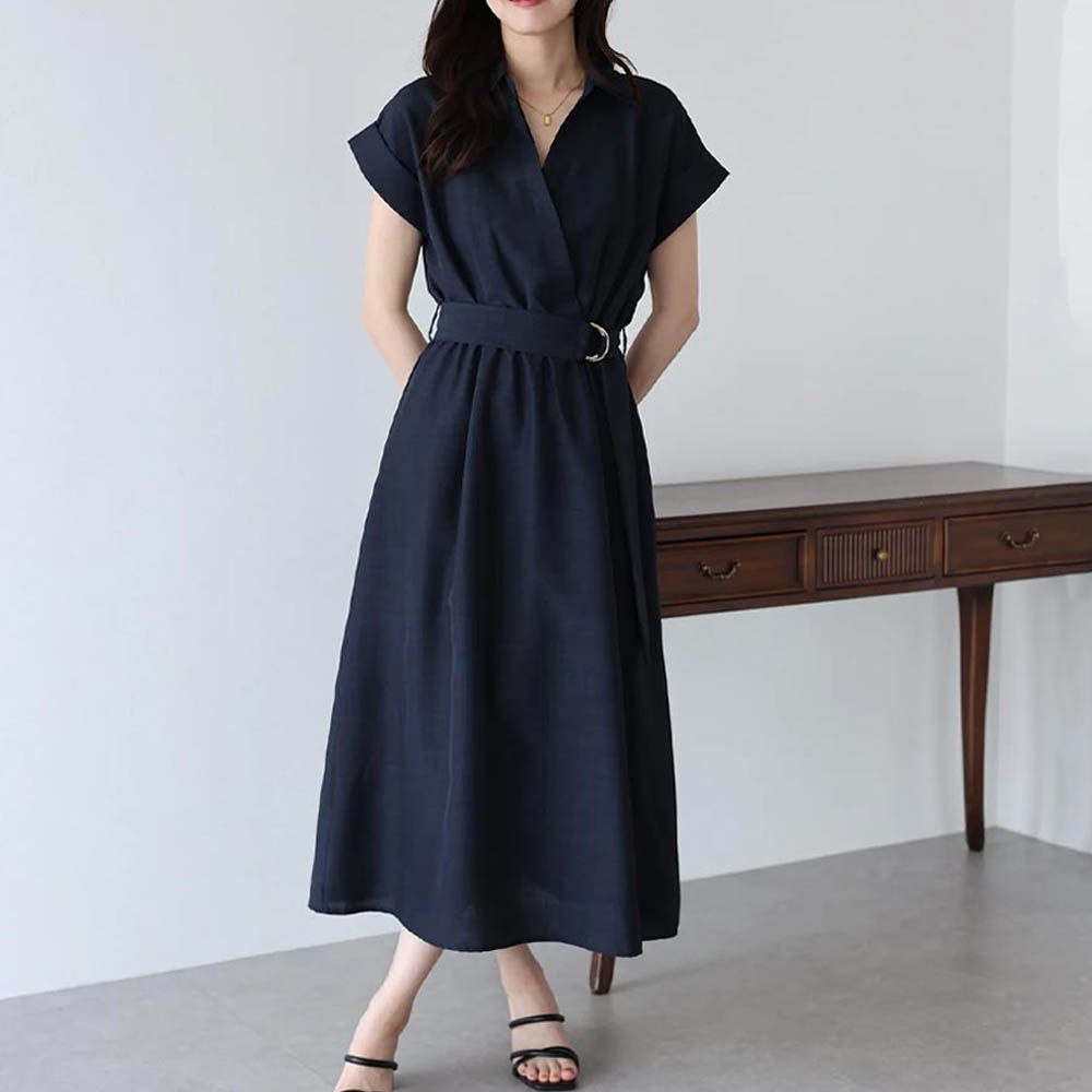 俐落領腰綁帶法式袖顯瘦洋裝-海軍藍 (M)