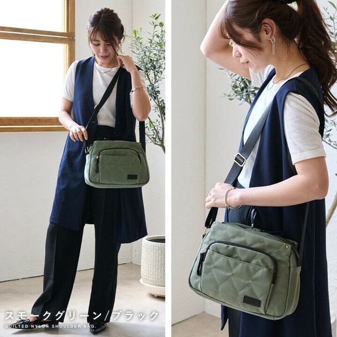 日本 LIZDAYS - 10口袋輕量尼龍絎縫側背包-黑色