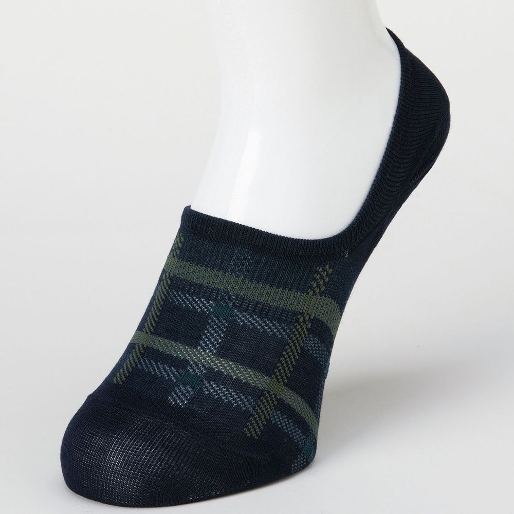 日本 okamoto - 超強專利防滑ㄈ型隱形襪-保暖針織 深履款-格紋 深藍 (23-25cm)