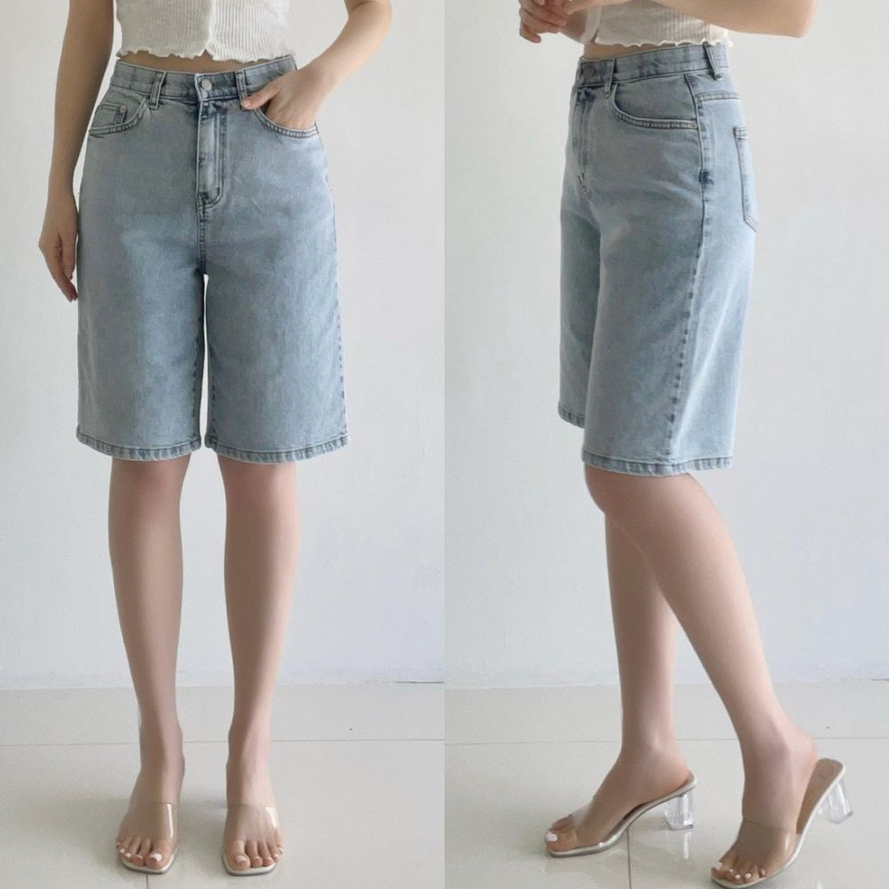 Howluk 彈性腰彈力耐穿丹寧五分褲-淺藍