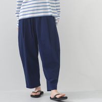 日本 OMNES - 100%棉 皺褶感休閒寬褲-海軍藍